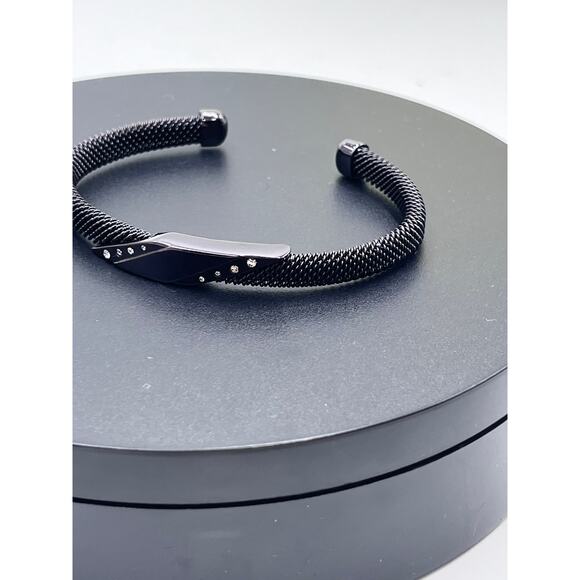 Skagen Designer Signed Gunmetal‎ Black Mesh Crystals Cuff Bracelet - Picture 8 of 8